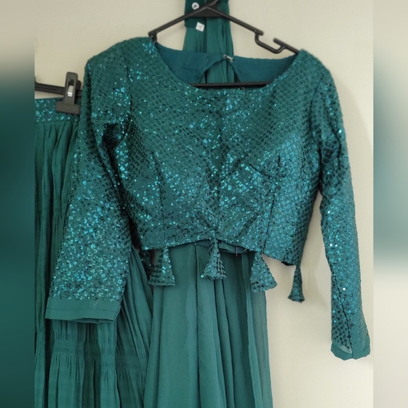 Georgette Pletting Pattern Lehenga Choli with Sequins-Thread Embroidered Green - Picture 6 of 7